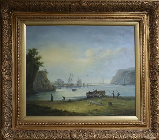 An oil on canvas of harbour scene